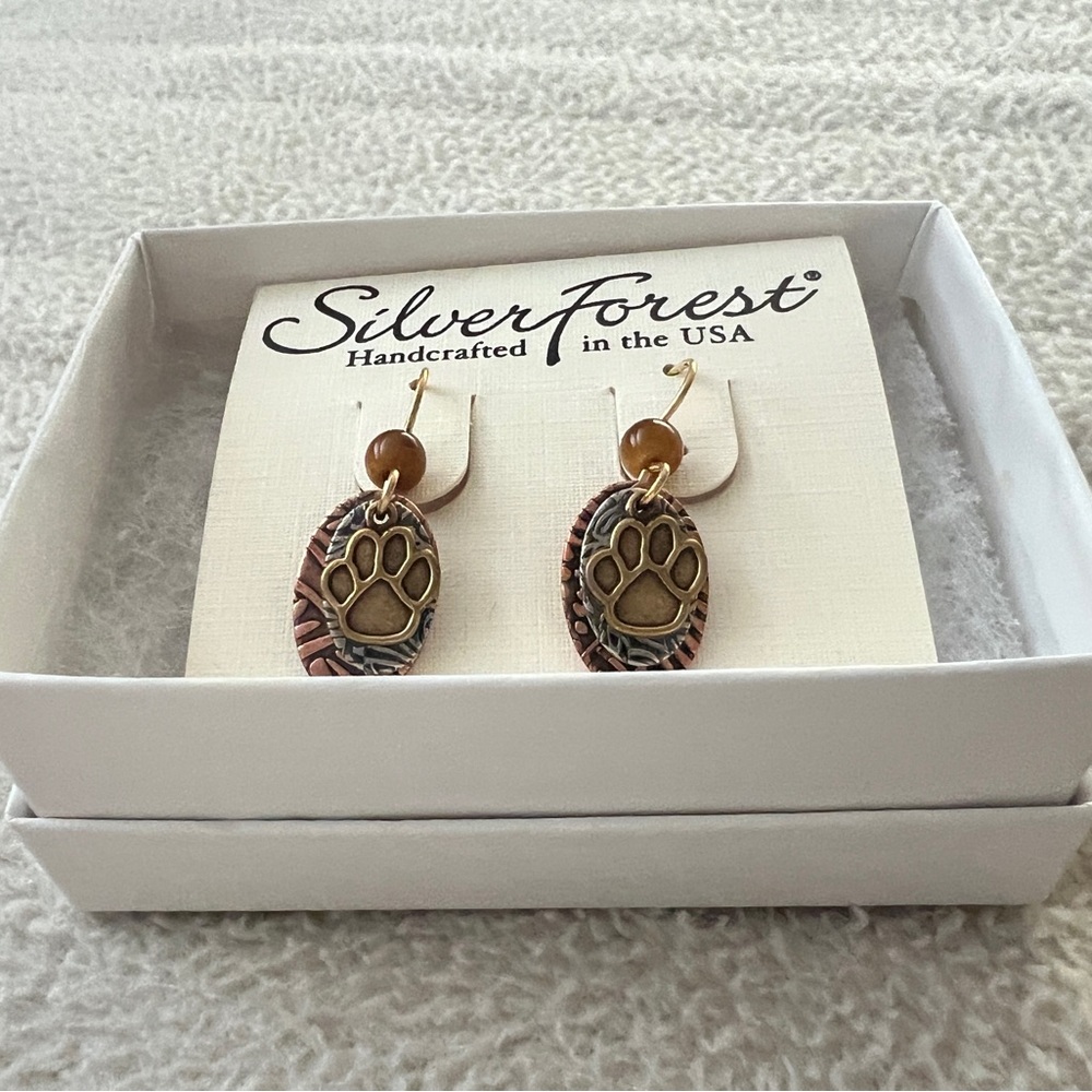 Silver Forest Gold and Brown Paw Earrings